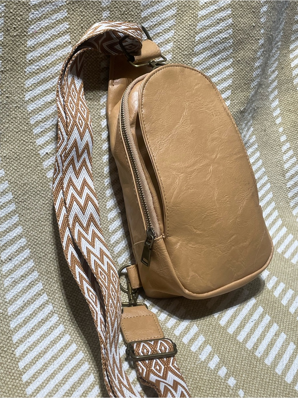 Tan Crossbody Sling Bag with Patterned Strap - Picture 5 of 16
